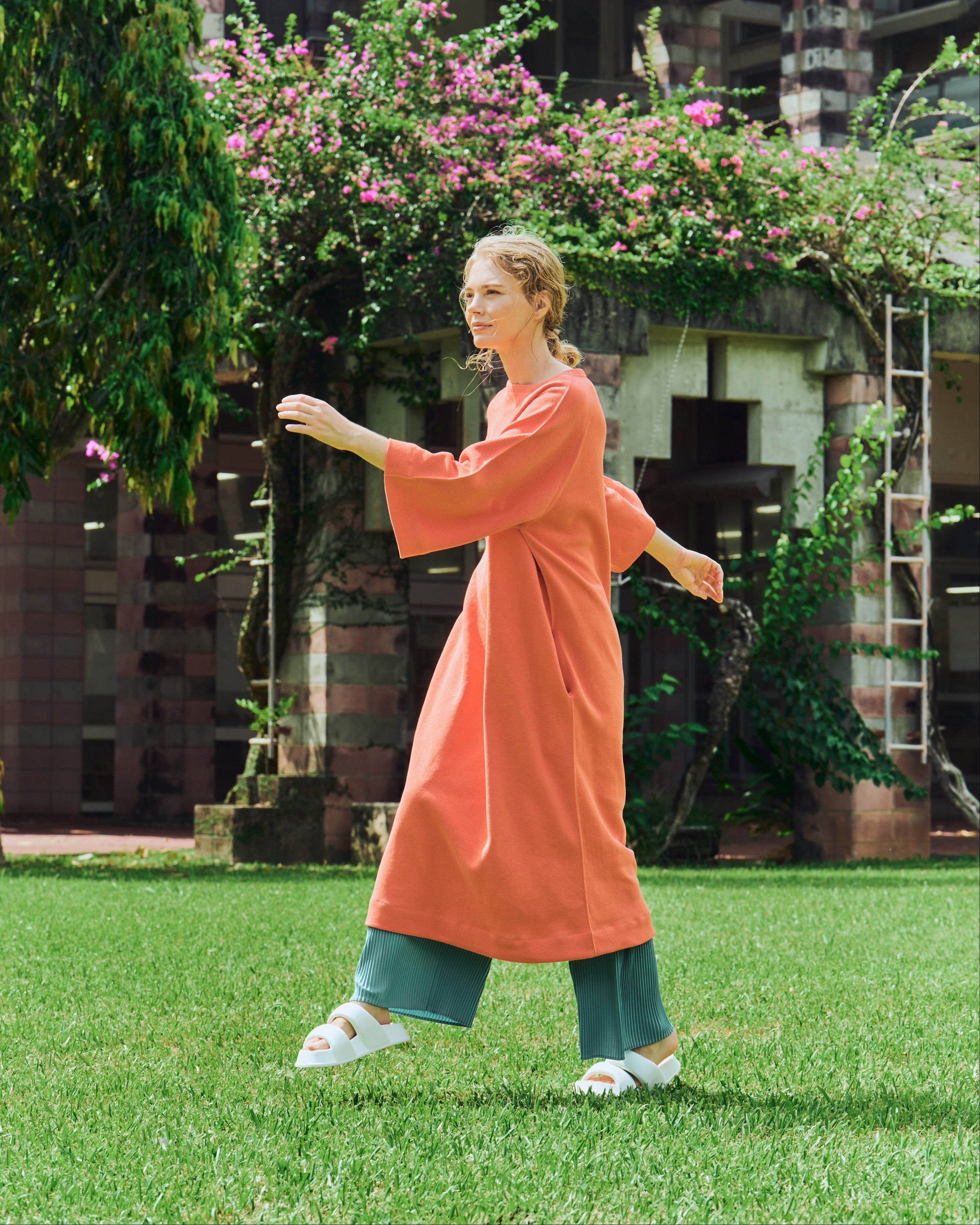 寬袖針織連身裙/柿橙